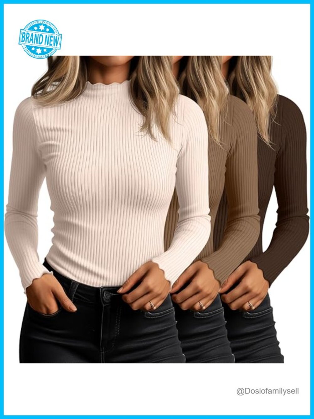 3 Pack Women's Ribbed Mock Turtleneck Long Sleeve Tees Lettuce Trim Slim Fit